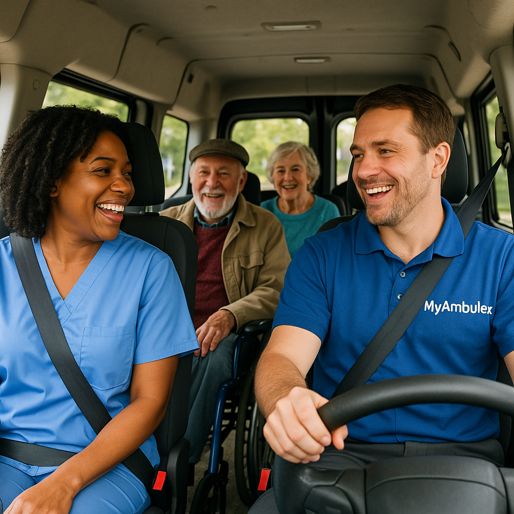 NEMT drivers with patients smiling in transportation vehicle